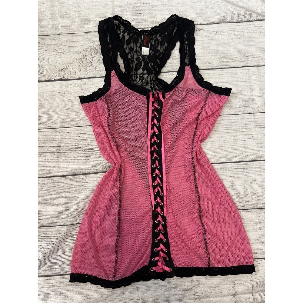 risque lace up top pink net grunge pink rocker Sz S